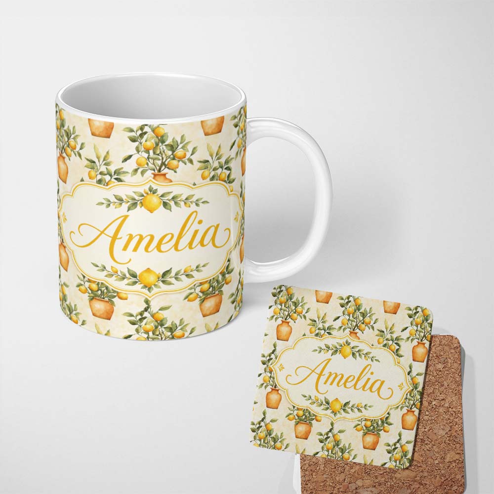 Personalized Custom Name Lemon Tree Pot Rustic Mediterranean Seamless Pattern Name Cute 11oz Ceramic Coffee Tea Mug White Large Handle