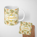 Personalized Custom Name Lemon Tree Pot Rustic Mediterranean Seamless Pattern Name Cute 11oz Ceramic Coffee Tea Mug White Large Handle