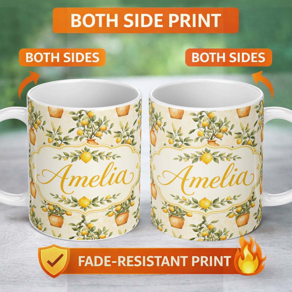 Personalized Custom Name Lemon Tree Pot Rustic Mediterranean Seamless Pattern Name Cute 11oz Ceramic Coffee Tea Mug White Large Handle