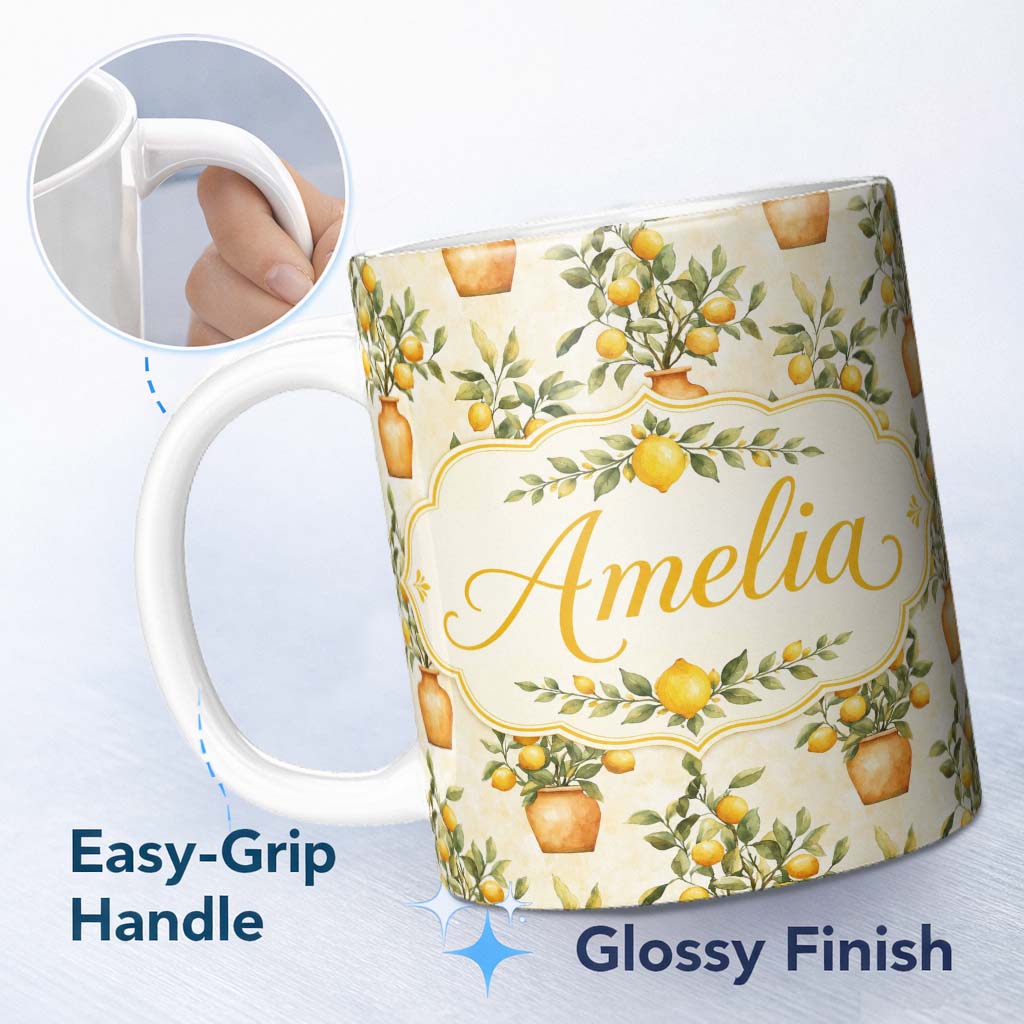 Personalized Custom Name Lemon Tree Pot Rustic Mediterranean Seamless Pattern Name Cute 11oz Ceramic Coffee Tea Mug White Large Handle