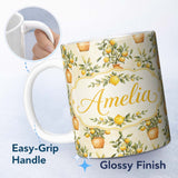 Personalized Custom Name Lemon Tree Pot Rustic Mediterranean Seamless Pattern Name Cute 11oz Ceramic Coffee Tea Mug White Large Handle