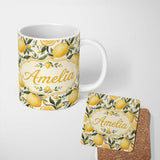 Personalized Custom Name Lemon Citrus Botanical Light Background Seamless Pattern Name Cute 11oz Ceramic Coffee Tea Mug White Large Handle