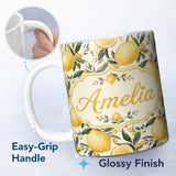 Personalized Custom Name Lemon Citrus Botanical Light Background Seamless Pattern Name Cute 11oz Ceramic Coffee Tea Mug White Large Handle