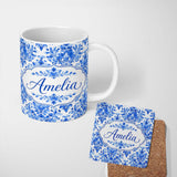 Personalized Custom Name Blue Floral Damask Watercolor Seamless Pattern Name Cute Unique Gift 11oz Ceramic Coffee Tea Mug White Large Handle