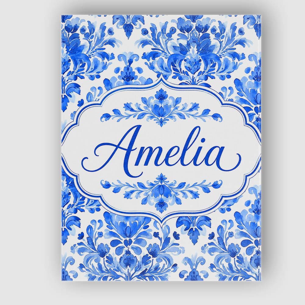 Personalised Name Blue Floral Damask Custom Premium Decorative Design Modern Room Accent Canvas Wall Art Print Decor Picture Ready to Hang