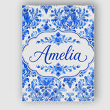 Personalised Name Blue Floral Damask Custom Premium Decorative Design Modern Room Accent Canvas Wall Art Print Decor Picture Ready to Hang