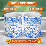 Personalized Custom Name Blue Floral Damask Watercolor Seamless Pattern Name Cute Unique Gift 11oz Ceramic Coffee Tea Mug White Large Handle