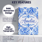 Personalised Name Blue Floral Damask Custom Premium Decorative Design Modern Room Accent Canvas Wall Art Print Decor Picture Ready to Hang