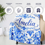 Blue Floral Damask Watercolor Seamless Pattern Name Cute Unique Gift  Personalised Custom Name Super Soft Fleece Blanket Bed Sofa Throw