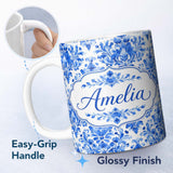 Personalized Custom Name Blue Floral Damask Watercolor Seamless Pattern Name Cute Unique Gift 11oz Ceramic Coffee Tea Mug White Large Handle
