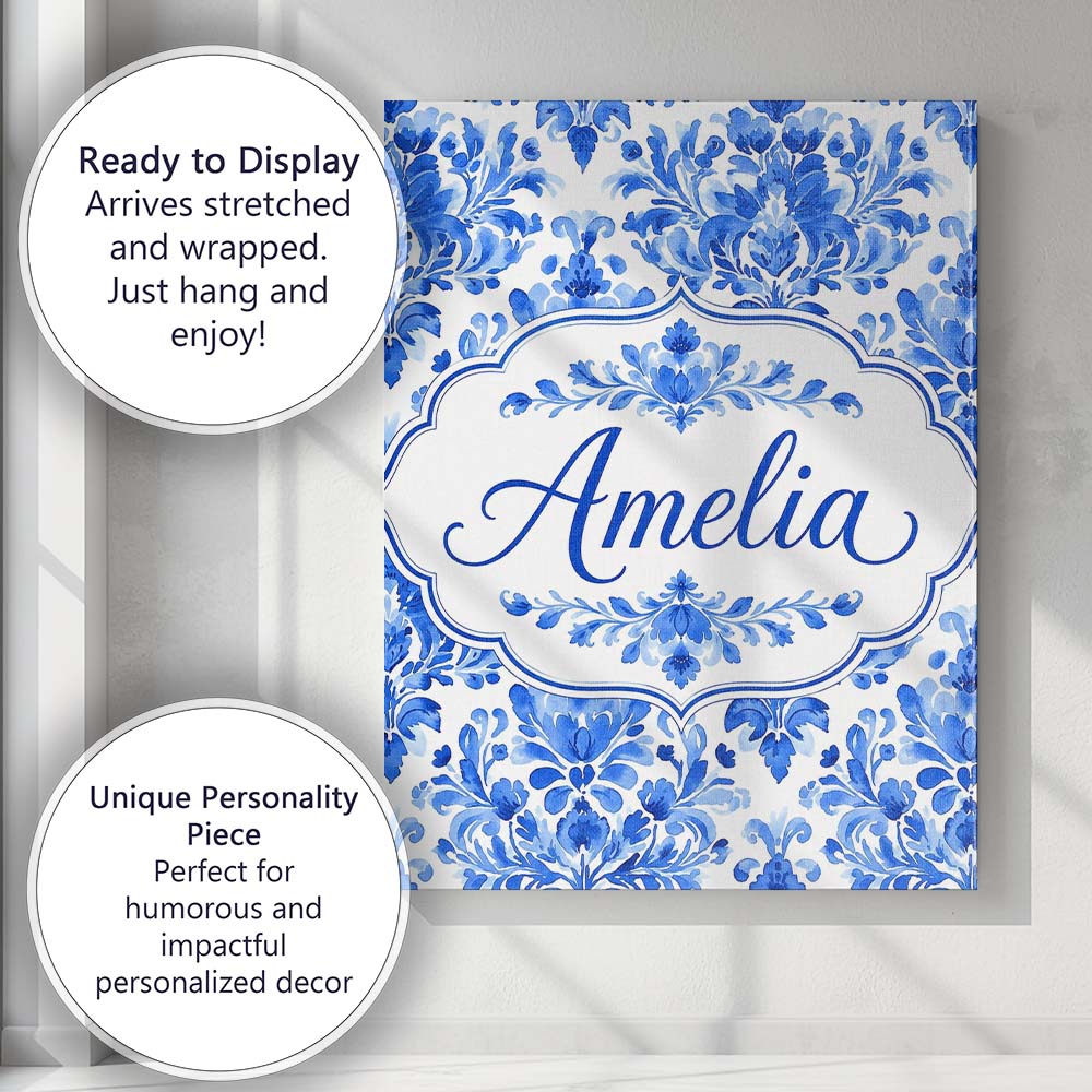 Personalised Name Blue Floral Damask Custom Premium Decorative Design Modern Room Accent Canvas Wall Art Print Decor Picture Ready to Hang