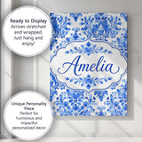 Personalised Name Blue Floral Damask Custom Premium Decorative Design Modern Room Accent Canvas Wall Art Print Decor Picture Ready to Hang
