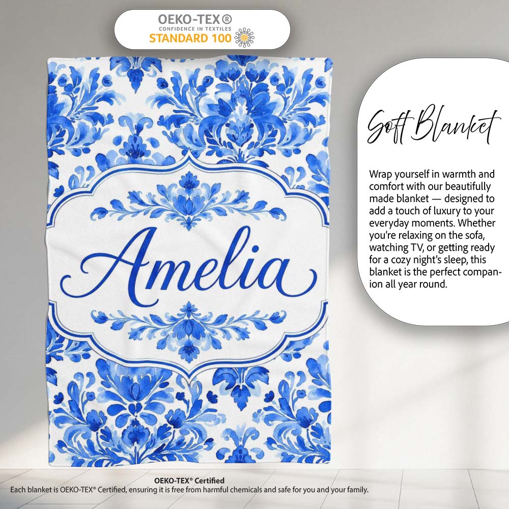 Blue Floral Damask Watercolor Seamless Pattern Name Cute Unique Gift  Personalised Custom Name Super Soft Fleece Blanket Bed Sofa Throw