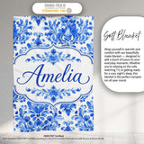 Blue Floral Damask Watercolor Seamless Pattern Name Cute Unique Gift  Personalised Custom Name Super Soft Fleece Blanket Bed Sofa Throw