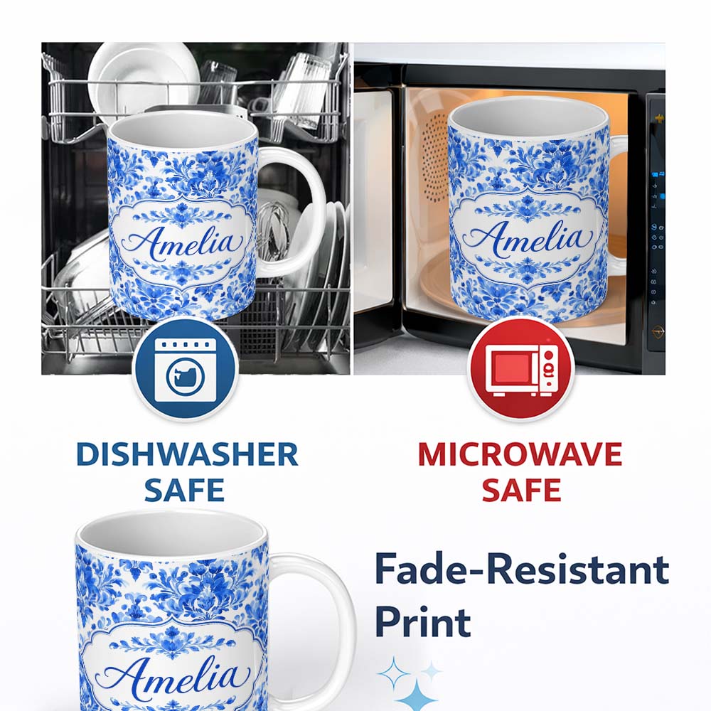 Personalized Custom Name Blue Floral Damask Watercolor Seamless Pattern Name Cute Unique Gift 11oz Ceramic Coffee Tea Mug White Large Handle