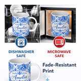 Personalized Custom Name Blue Floral Damask Watercolor Seamless Pattern Name Cute Unique Gift 11oz Ceramic Coffee Tea Mug White Large Handle