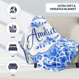 Blue Floral Damask Watercolor Seamless Pattern Name Cute Unique Gift  Personalised Custom Name Super Soft Fleece Blanket Bed Sofa Throw