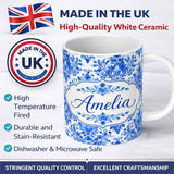 Personalized Custom Name Blue Floral Damask Watercolor Seamless Pattern Name Cute Unique Gift 11oz Ceramic Coffee Tea Mug White Large Handle