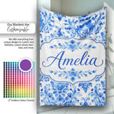 Blue Floral Damask Watercolor Seamless Pattern Name Cute Unique Gift  Personalised Custom Name Super Soft Fleece Blanket Bed Sofa Throw