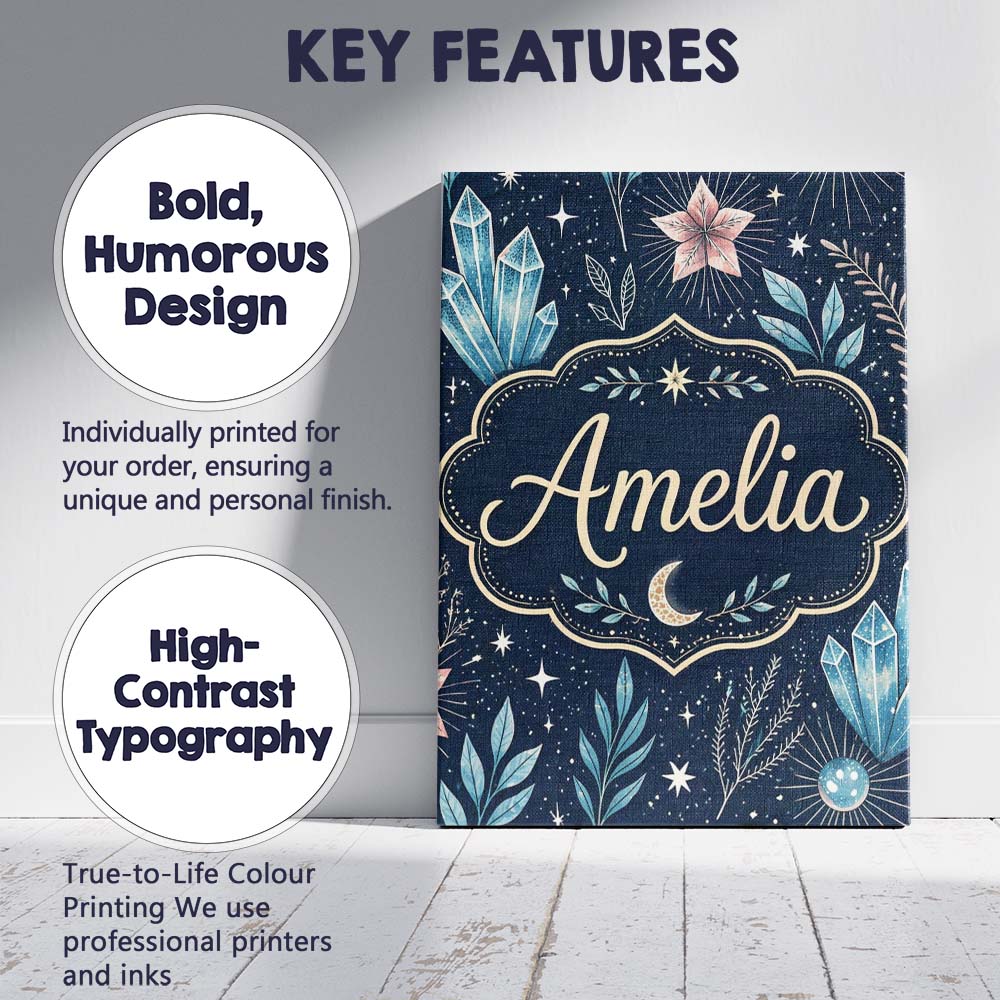 Personalised Name Crystal Moon Starry Sky Botanical Elements Seamless Custom Home Unique Canvas Wall Art Print Decor Picture Ready to Hang