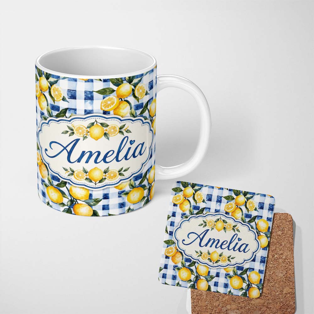 Personalized Custom Name Watercolor Lemon Fruit Blue Gingham Picnic Seamless Pattern Name 11oz Ceramic Coffee Tea Mug White Large Handle