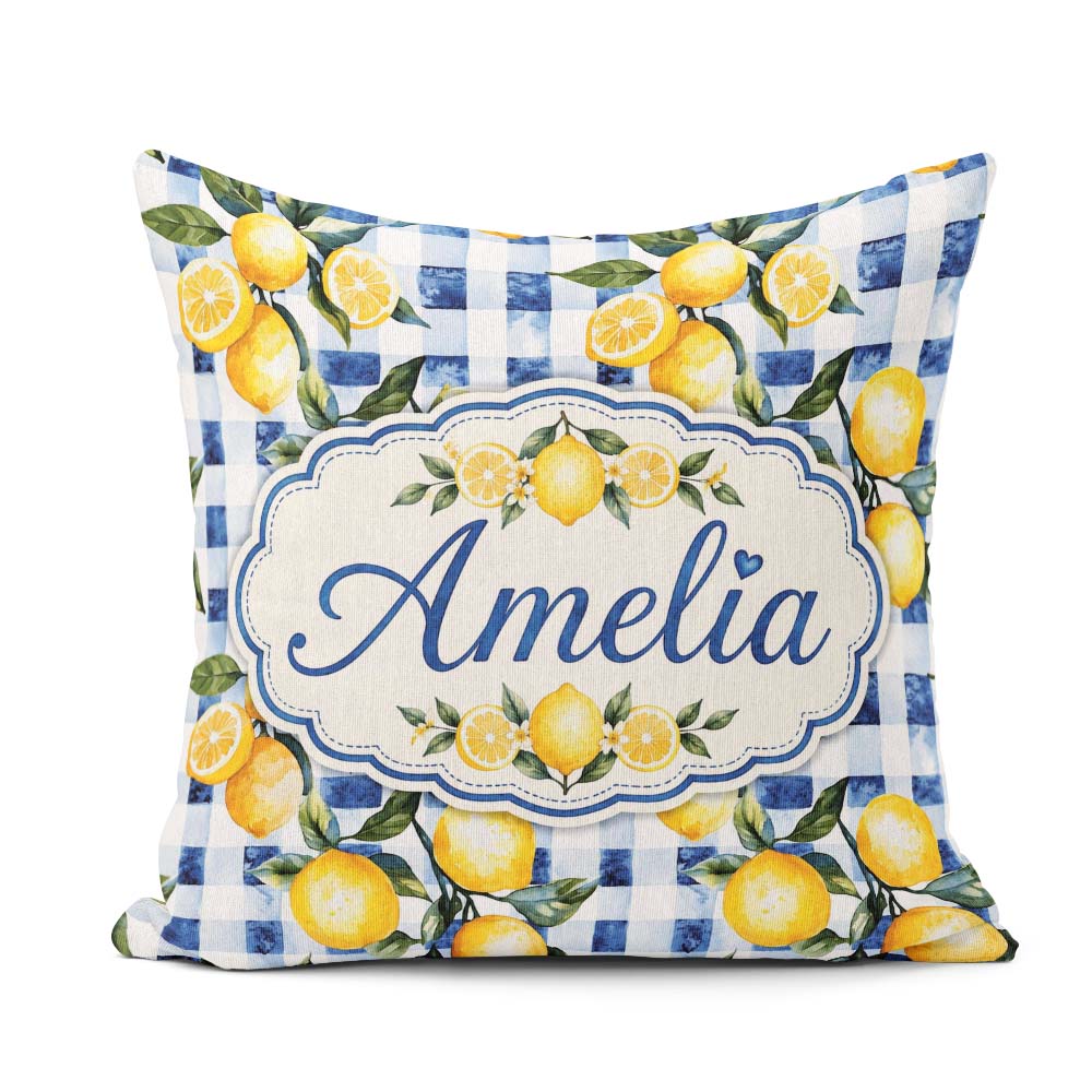 Custom Name Watercolor Lemon Fruit Blue Gingham Seamless Pattern Square Filled Cushion Throw Pillow Sofa Bed Home Decor Zip Washable UK Made