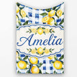 Watercolor Lemon Fruit Blue Gingham Picnic Seamless Pattern Name  Personalised Custom Name Super Soft Fleece Blanket Bed Sofa Throw