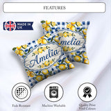 Custom Name Watercolor Lemon Fruit Blue Gingham Seamless Pattern Square Filled Cushion Throw Pillow Sofa Bed Home Decor Zip Washable UK Made