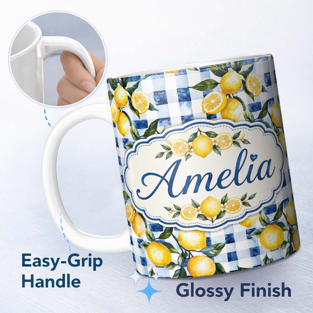 Personalized Custom Name Watercolor Lemon Fruit Blue Gingham Picnic Seamless Pattern Name 11oz Ceramic Coffee Tea Mug White Large Handle