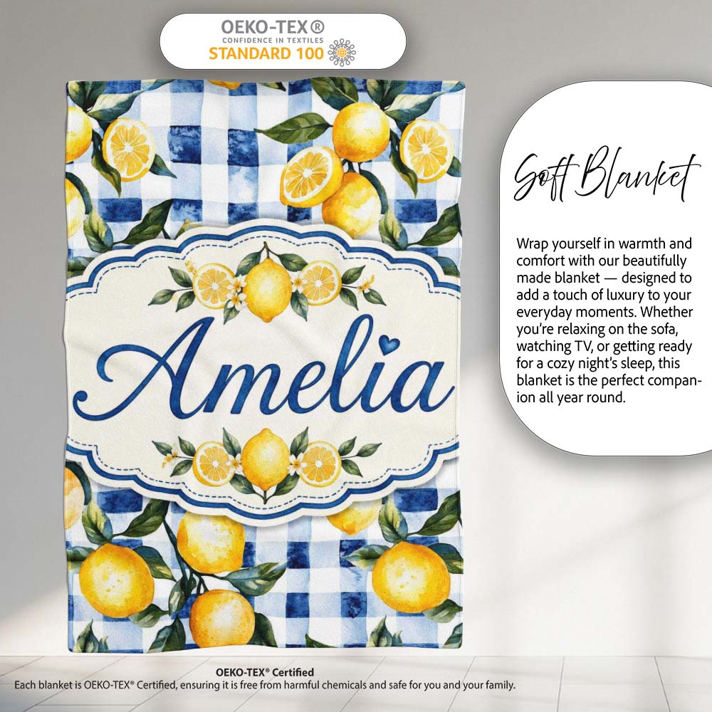 Watercolor Lemon Fruit Blue Gingham Picnic Seamless Pattern Name  Personalised Custom Name Super Soft Fleece Blanket Bed Sofa Throw