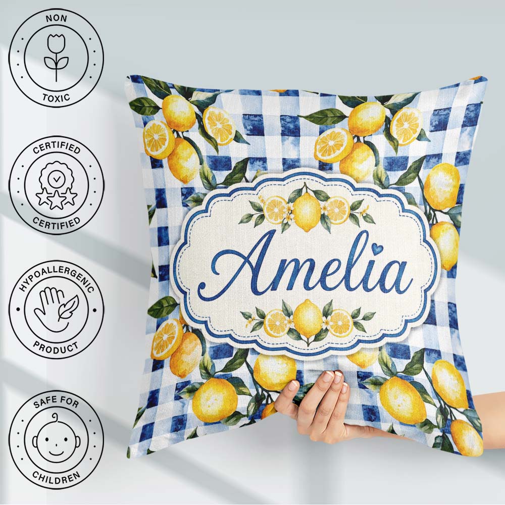 Custom Name Watercolor Lemon Fruit Blue Gingham Seamless Pattern Square Filled Cushion Throw Pillow Sofa Bed Home Decor Zip Washable UK Made