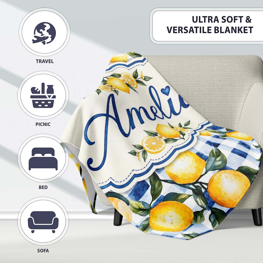 Watercolor Lemon Fruit Blue Gingham Picnic Seamless Pattern Name  Personalised Custom Name Super Soft Fleece Blanket Bed Sofa Throw