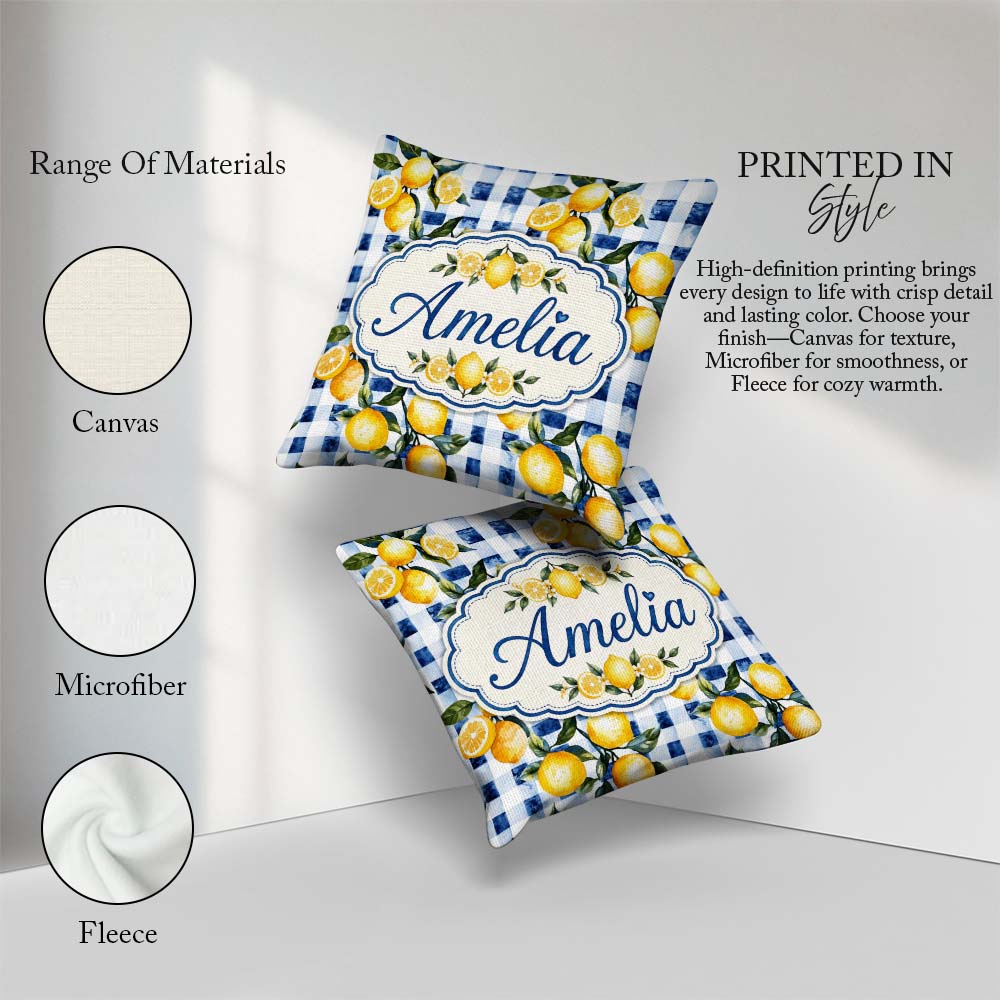Custom Name Watercolor Lemon Fruit Blue Gingham Seamless Pattern Square Filled Cushion Throw Pillow Sofa Bed Home Decor Zip Washable UK Made