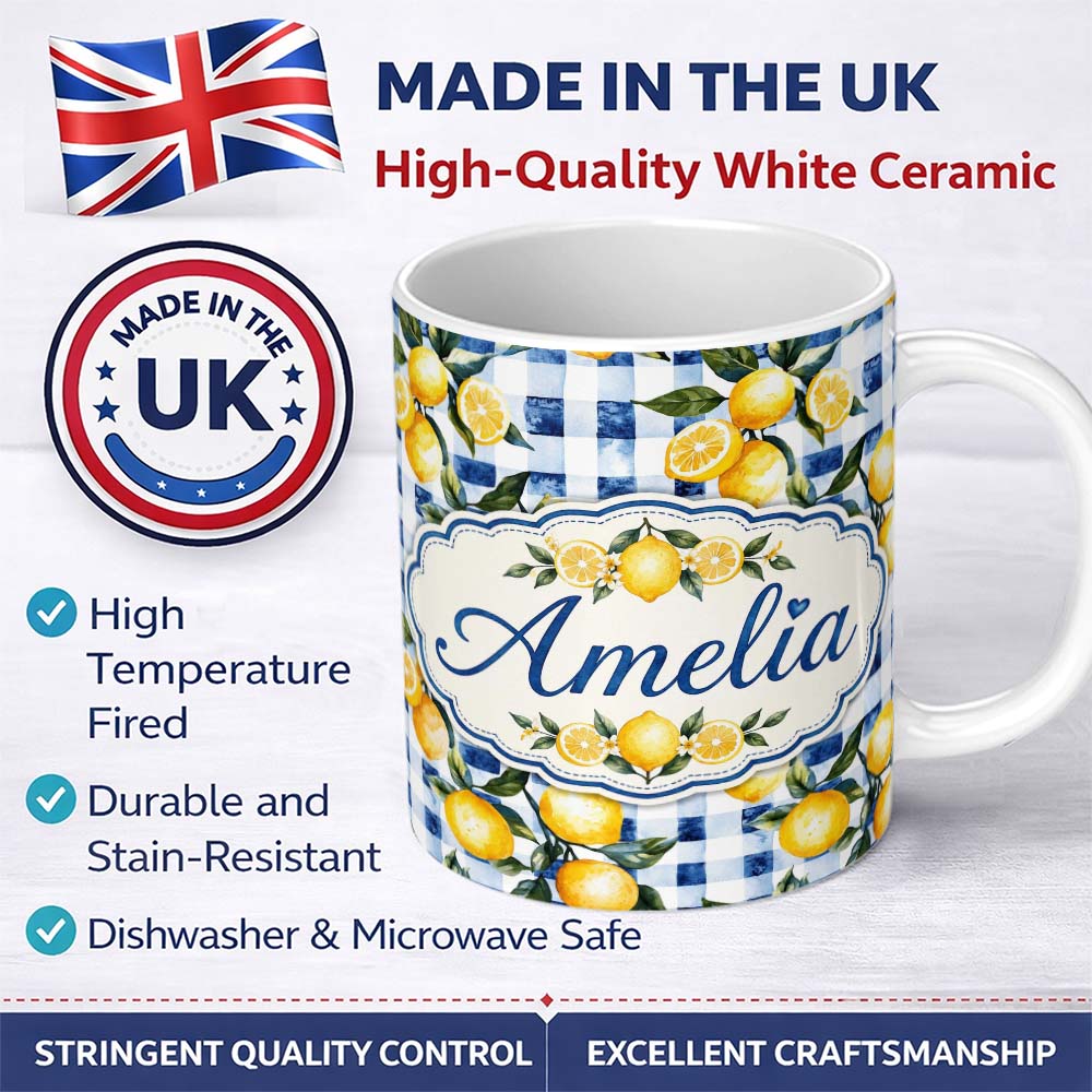 Personalized Custom Name Watercolor Lemon Fruit Blue Gingham Picnic Seamless Pattern Name 11oz Ceramic Coffee Tea Mug White Large Handle