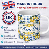 Personalized Custom Name Watercolor Lemon Fruit Blue Gingham Picnic Seamless Pattern Name 11oz Ceramic Coffee Tea Mug White Large Handle