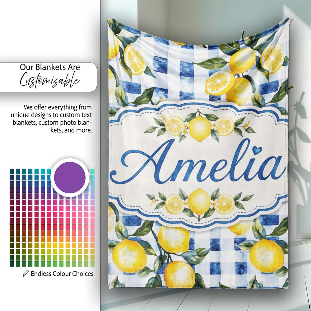 Watercolor Lemon Fruit Blue Gingham Picnic Seamless Pattern Name  Personalised Custom Name Super Soft Fleece Blanket Bed Sofa Throw