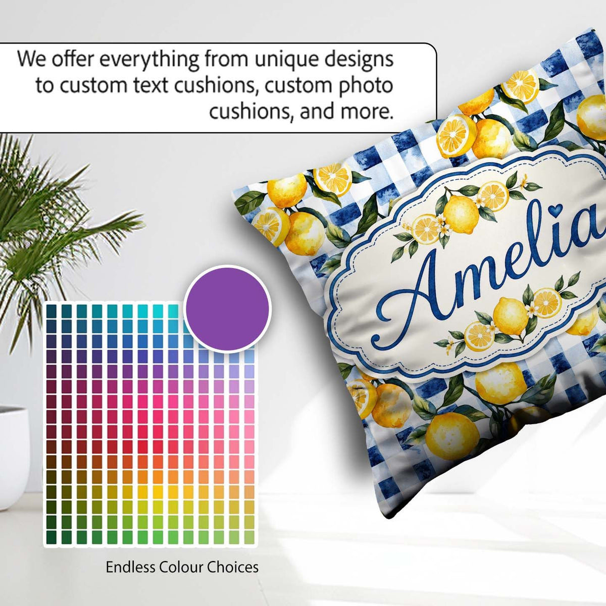 Custom Name Watercolor Lemon Fruit Blue Gingham Seamless Pattern Square Filled Cushion Throw Pillow Sofa Bed Home Decor Zip Washable UK Made
