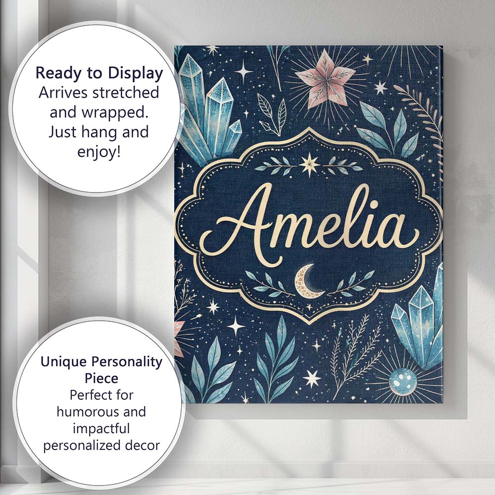 Personalised Name Crystal Moon Starry Sky Botanical Elements Seamless Custom Home Unique Canvas Wall Art Print Decor Picture Ready to Hang