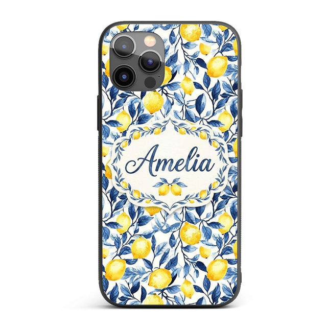 Lemon Blue Leaf Botanical Seamless Pattern Name Custom Name Protective Phone Case Mobile Cover Durable Everyday Smartphone Shock Resistant