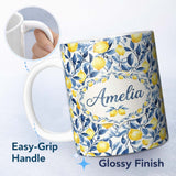 Personalized Custom Name Lemon Blue Leaf Botanical Seamless Pattern Name Cute Unique Gift 11oz Ceramic Coffee Tea Mug White Large Handle