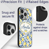 Lemon Blue Leaf Botanical Seamless Pattern Name Custom Name Protective Phone Case Mobile Cover Durable Everyday Smartphone Shock Resistant