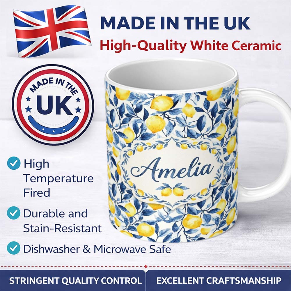 Personalized Custom Name Lemon Blue Leaf Botanical Seamless Pattern Name Cute Unique Gift 11oz Ceramic Coffee Tea Mug White Large Handle