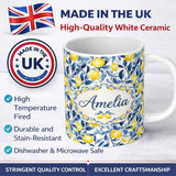 Personalized Custom Name Lemon Blue Leaf Botanical Seamless Pattern Name Cute Unique Gift 11oz Ceramic Coffee Tea Mug White Large Handle
