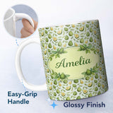 Personalized Custom Name Green Avocado Pear Seamless Pattern Bright Botanical Fruit Lovely 11oz Ceramic Coffee Tea Mug White Large Handle