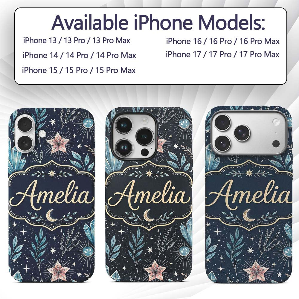 Crystal Moon Starry Sky Botanical Printed Design Custom Name Protective Phone Case Mobile Cover Durable Everyday Smartphone Shock Resistant