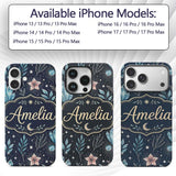 Crystal Moon Starry Sky Botanical Printed Design Custom Name Protective Phone Case Mobile Cover Durable Everyday Smartphone Shock Resistant