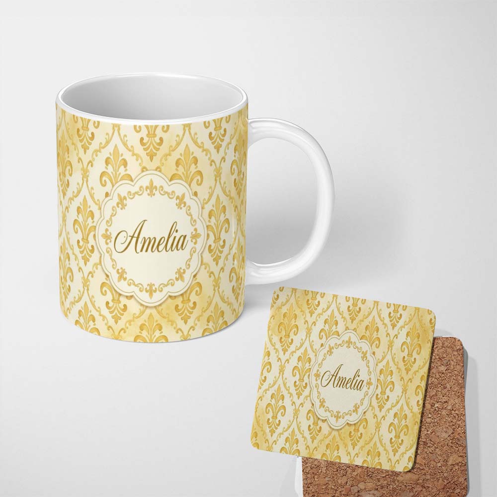 Personalized Custom Name Yellow Classic Damask Elegant Seamless Pattern Name Cute Unique Gift 11oz Ceramic Coffee Tea Mug White Large Handle