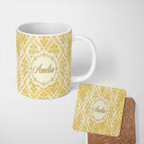 Personalized Custom Name Yellow Classic Damask Elegant Seamless Pattern Name Cute Unique Gift 11oz Ceramic Coffee Tea Mug White Large Handle