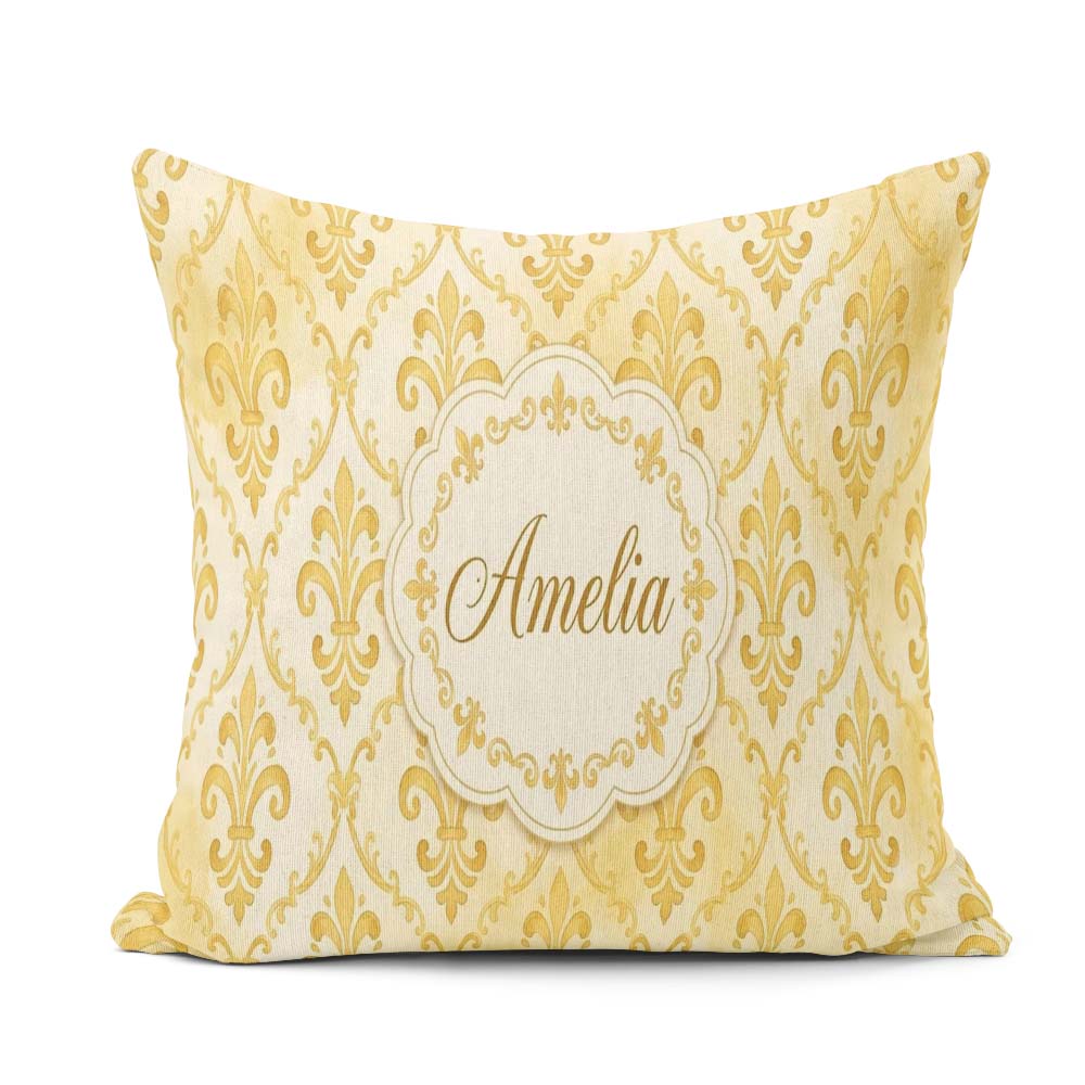 Custom Name Yellow Classic Damask Elegant Seamless Pattern Name Square Filled Cushion Throw Pillow Sofa Bed Home Decor Zip Washable UK Made