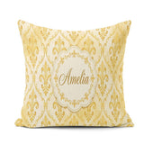 Custom Name Yellow Classic Damask Elegant Seamless Pattern Name Square Filled Cushion Throw Pillow Sofa Bed Home Decor Zip Washable UK Made